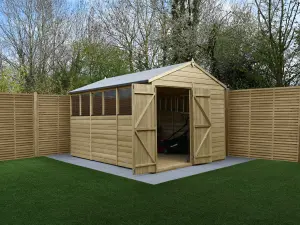 Forest Garden Beckwood Shiplap 12x8 ft Apex Natural timber Wooden Pressure treated 2 door Shed with floor & 6 windows (Base included) - Assembly service included