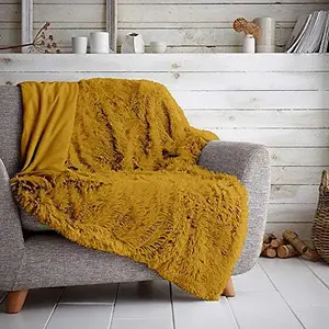 GC GAVENO CAVAILIA Comfy Cuddle Throw 150X200 CM Ochre for Sofas Large Double Bed, Luxury Fuzzy Warm Faux Fur Fluffy Blanket