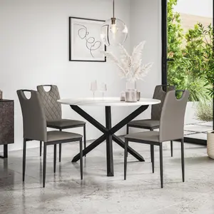 Malvern Round Dining Table And Chairs -  Marble Table Top w Solid Oak Black Legs + Monza Faux Leather Dining Chair Set Of 4 (Grey)