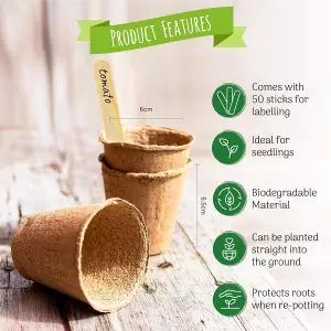 Fibre Plant Pots with Wooden Labels - 50 Pack 6cm  Biodegradable for Vegetables, Flowers, Herbs, and Easy Transplanting