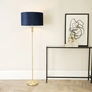 ValueLights Maggie Gold Candlestick Floor Lamp with Navy Blue Velvet Lamp Shade and LED Bulb