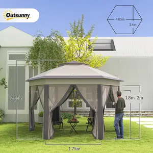 Outsunny 3x4m Hexagon Gazebo w/ Metal Frame Mesh Curtains Outdoor Garden, Beige