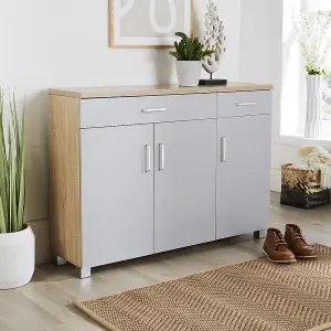 Home Source Venetia 3 Door 2 Drawer Large Hallway Shoe Storage Cupboard Unit Grey and Oak Effect