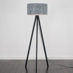 ValueLights Modern Black Wood Tripod Floor Lamp With Grey Weave Fabric Shade