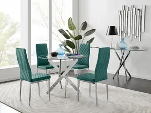 Furniturebox UK Novara Chrome Metal Round Glass Dining Table And 4 Green Velvet Milan Chairs