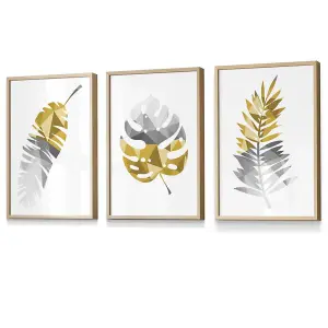 Set of 3 Geometric Tropical Leaves In Yellow Grey Wall Art Prints / 30x42cm (A3) / Oak Frame