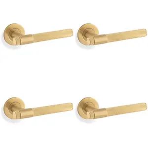 4 PACK - SOLID BRASS Knurled Door Handle Set - Satin Brass Bar Lever on Round Rose