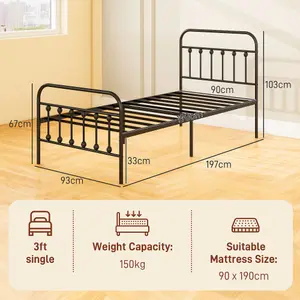 HOMCOM 3ft Metal Single Platform Bed Frame w/ Underbed Storage Headboard Black