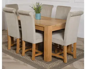 Kuba 150 x 85 cm Chunky Medium Oak Dining Table and 6 Chairs Dining Set with Washington Grey Fabric Chairs