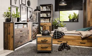 Single Bed Euro 90cm Frame + Wood Slats Dark Grey Rustic Oak Pine Effect Weston