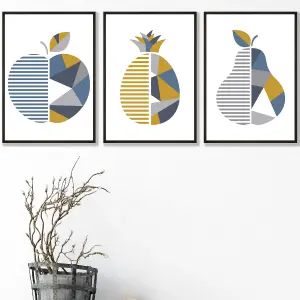 Set of 3 Geometric Fruit Apple Blue Yellow Wall Art Prints / 30x42cm (A3) / Black Frame