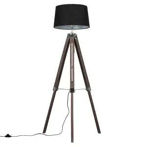 ValueLights Clipper Wood and Silver Chrome Tripod Floor Lamp with Black Tapered Shade - Complete with 6w LED GLS Bulb