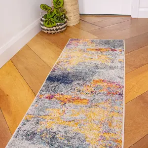 Navy Blue Ochre Multicolour Distressed Abstract Runner Rug 60x240cm