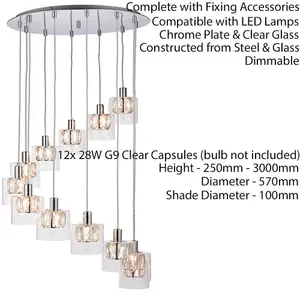 Multi Light Ceiling Pendant 12 Bulb Chrome & Crystal Chandelier Height Drop Lamp