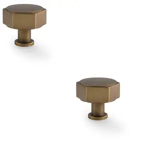 2 PACK - Industrial Hex Cabinet Door Knob - 40mm Antique Brass Cupboard Pull Handle