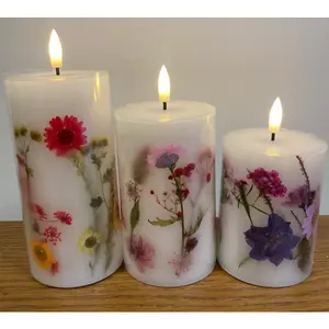 Set of 3 Dried Flower Embedded Real Wax LED Flame Candles - Battery Powered Candle Lights with Floral Design - H18, H12 & H10cm