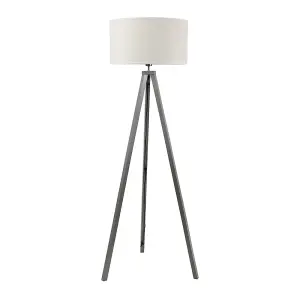 ValueLights Barbro Grey Wood Tripod Floor Lamp with Natural Linen with White Trim Drum Shade