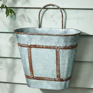 Vintage Style Grey Garden Planter with Handle Weathered Effect Galvanised Trough Planter Flower Pot Outdoor Garden Planter