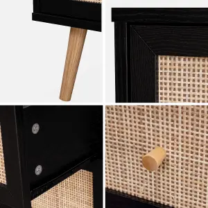 sweeek. 3-drawer chest with wood and cane effect Boheme Black 90x39x79 cm