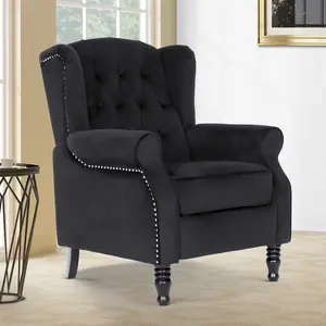 Velvet Black Marianna Manual Recliner Wingback Chair