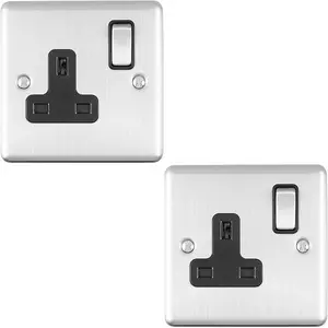 2 PACK 1 Gang Single UK Plug Socket SATIN STEEL 13A Switched Black Trim Plate