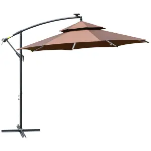 Outsunny 3(m) Cantilever Parasol Hanging Banana Umbrella w/ lights, Coffee