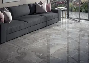 Fog Anthracite Marble Effect Glossy 600mm x 600mm Porcelain Wall & Floor Tiles (Pack of 4 w/ Coverage of 1.44m2)