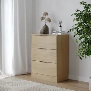 URBNLIVING Width 60cm Oak Colour Chest of 3 Drawers Modern Compact Storage Bedside Metal Handle Cabinet Bedroom Furniture