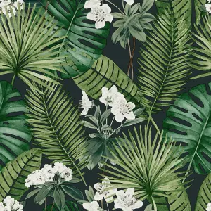 Muriva Black Tropical Water coloured effect Embossed Wallpaper