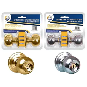 Silver Stainless Steel Door Handle Knob Entrance Locking Key Turn Bathroom Bedroom