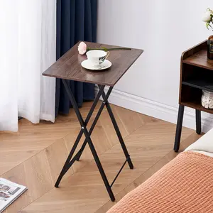 Folding Side Table with Cup Holder, Industrial Side Table for Living Room, Bedroom (Set of 2) Coffee/Black