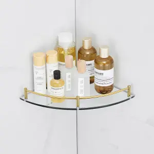 2 Pcs Golden Glass Corner Shelf for Shower Bathroom Wall Mounted 6mm Tempered Glass