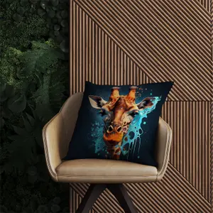 Blue Giraffe Face Splashart Outdoor Cushion 45cm x 45cm