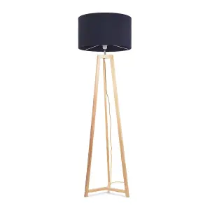 ValueLights Lottie Natural Wood Tripod Floor Lamp with Navy Blue Drum Shade