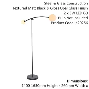 Matt Black Standing Twin Floor Lamp Light - Gloss Opal Glass Shades - Adjustable