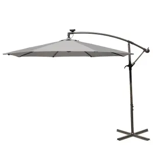 SunDaze 3M Grey LED Garden Patio Cantilever Banana Hanging Umbrella, Parasol Base & Weather Protective Cover