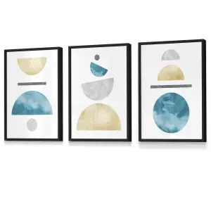 Set of 3 Yellow and Aqua Blue Abstract Mid Century Geometric Wall Art Prints / 30x42cm (A3) / Black Frame