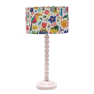 Rose Pink Bobbin Stem Table Lamp with Jungle Drum Shade for Living Room Bedroom