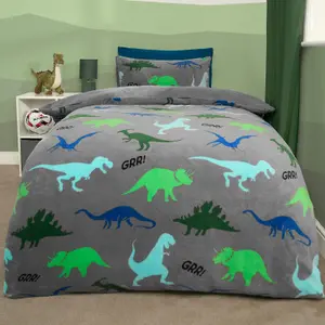 Dino Fleece Duvet Cover Set Grey Bedding Quilt Warm Thermal Soft Kids - Single