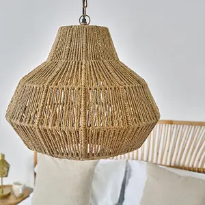 ValueLights Tatami Natural Brown Scandi Style Woven Rope Ceiling Pendant Light Fitting - Including Bulb