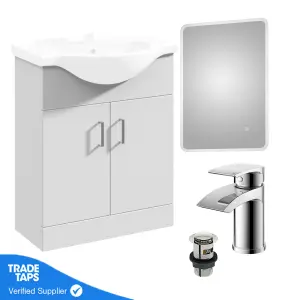 Gloss White 650mm Floor Standing 2-Door Vanity Unit & Round Basin with Square Chrome Tap and Black Frame Mirror