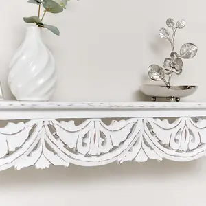 Melody Maison Large White Wooden Carved Boho Wall Shelf - 81cm