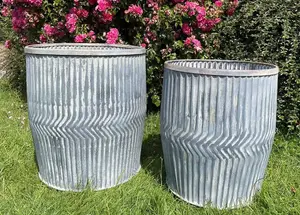 Galvanised Chevron Dolly Tub Set of 2 Metal Outdoor Planter Flower Pot