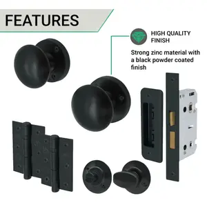 EAI - Round Mortice Door Knobs and Bathroom Lock Kit - 55mm - Matt Black