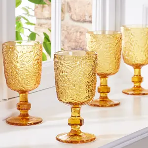 Set of 8 Vintage Luxury Yellow Embossed Drinking Goblet Wine Glasses 300ml