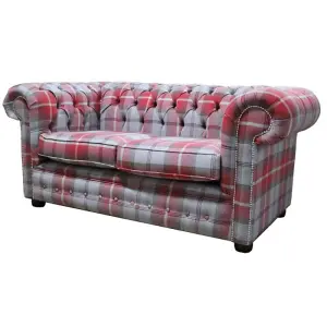 Chesterfield Genuine Tartan 2 Seater Sofa Balmoral Cherry Red Fabric In Classic Style