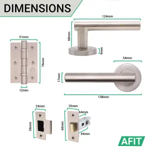 Satin Nickel Door Handle Latch Set, Pack of 6 - Round T-Bar Handles & Latch 64mm