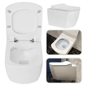 Rimless Square Wall Hung Toilet Pan & Concealed Cistern Matt Black Square Button Flush Plate