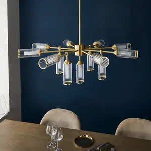 Luminosa Trieste Multi Arm Pendant Ceiling Light Satin Brass Plate, Clear, Frosted Glass