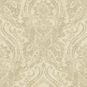 Grandeco Textured Distressed Metallic Damask Wallpaper, Cream